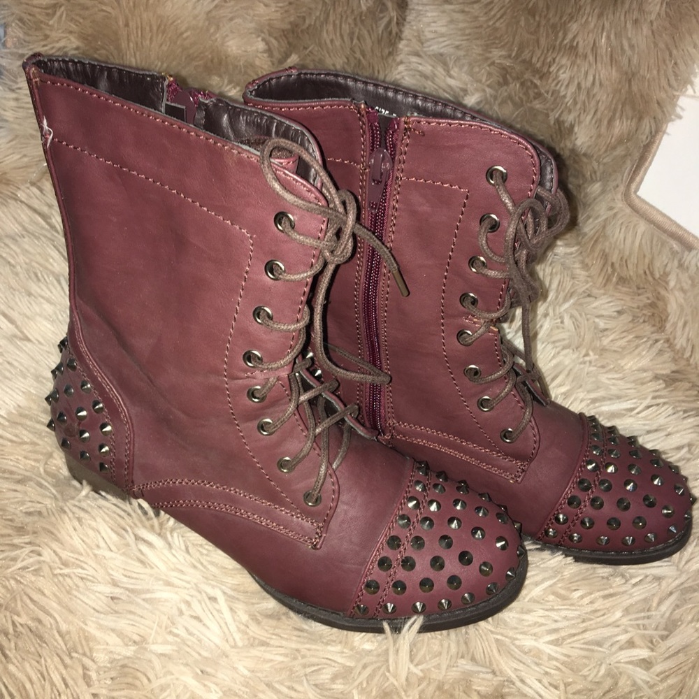 Maroon Studded Combat Boots Wet Seal